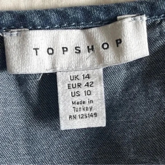 Topshop | Indigo Chambray Asymmetrical Spaghetti Strap Midi Dress, Size 10 - Picture 5 of 6